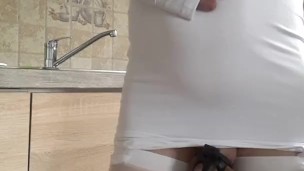 Shemale in chastity to show up in kitchen
