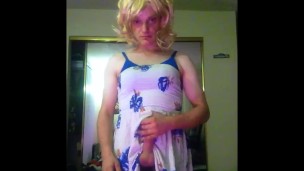 Sexy crossdresser mithout makeup in flower dress teases