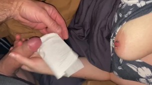 Almost Caught, Sneaky Camper Handjob with my Hot Amateur Wife, Cumshot into her hand this morning