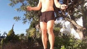 Skipping and jerking off outside