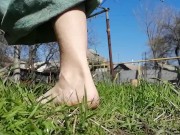 Walking barefoot on the grass and soil and show my dirty tiny feet -footfetish video