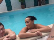 HUNT4K Slim brunette has sex with stranger by the pool near her man