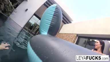 Leya and Lynn have a lesbian romp in a pool