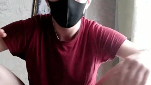 Twink rides dildo while parents behind the door