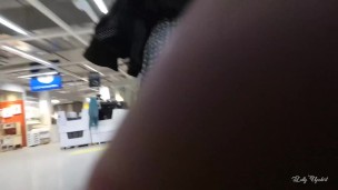 Petite girl in miniskirt flashing pussy in mall (risky upskirt)