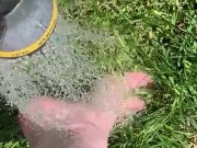 Getting feet really wet in the grass