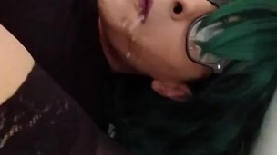 Sissy Crossdresser Self Facial and Cum Swallow