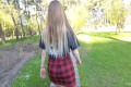 Naughty girl in miniskirt no panties flashing in the park (public upskirt)