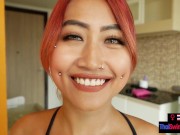 Cute amateur Thai teen with piercings sucks and rides a cock before doggystyle 1/16