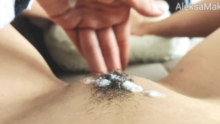  Masturbates Hairy Wet Pussy pov closeup