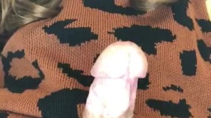 Tranny sissy in slave suit and sweater dress masurbates