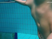 Small tits brunette teen Liza Bubarek swimming in the pool 9/16