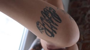 Tattoed bitch masturbates for creamy orgasm