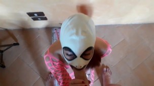 Wearing pink fishnet catsuit and pink platform ankle boots. Rough POV blowjob