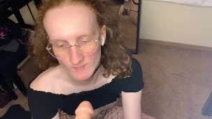 Goth Redhead Tgirl Has to Get Creative and Fucks Her Own Face