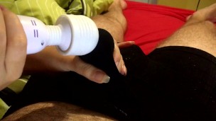 Making him cum in his underwear with my magic wand, cum in boxers handjob