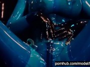 Heavy rubber goddess with big tits in transparent blue latex catsuit and mask masturbates - part 2 13/16