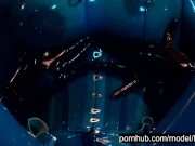 Heavy rubber goddess with big tits in transparent blue latex catsuit and mask masturbates - part 2 14/16