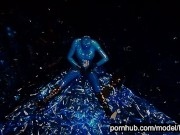 Heavy rubber goddess with big tits in transparent blue latex catsuit and mask masturbates - part 2 2/16