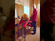 Femdom CBT Ballbusting Gimp in Latex Hood and Leather Body Harness 15/16