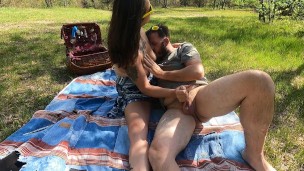 Nursing on her big natural titties while she jerks me off! Finger Fucking her outdoors!