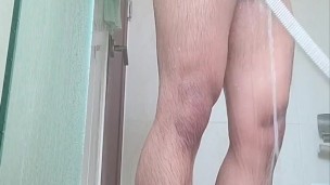 Korean fit boy jerking off while taking shower