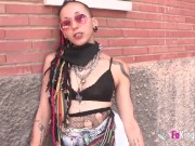 Horny babe teases guys and sucks their cocks in the street 1/16