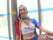 Horny babe teases guys and sucks their cocks in the street 10/16