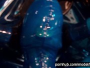 Heavy rubber goddess with big tits in transparent blue latex catsuit and mask masturbates - part 5 16/16