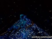 Heavy rubber goddess with big tits in transparent blue latex catsuit and mask masturbates - part 5 5/16
