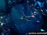 Heavy rubber goddess with big tits in transparent blue latex catsuit and mask masturbates - part 5 8/16