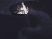 I saw him stroking his cock alone by the campfire, so I came to him with my mouth to help him Cum 