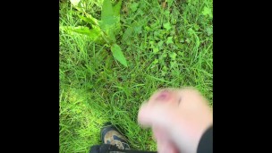 Public Jerking off and cumming in the forest.