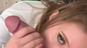 Hot blonde teen sucks off underwear model with giant cock until she swallows cum like a good girl