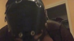 Submissive leather mask wearing slave drooling gagging all over a bbc 