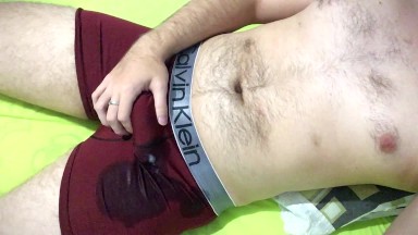 Solo edging masturbating and cum through my underwear, acidentally cum in my pants while edging bear