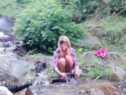 Dirty babe pissing, washing panties, ass, pussy & feet in the Waterfall stream near tourist camp