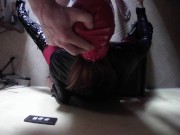 Laura On Heels wears leather body, boots over the knees and pantyhose. Rough blowjob and massive cre