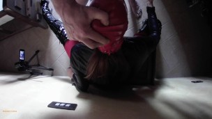 Laura On Heels wears leather body, boots over the knees and pantyhose. Rough blowjob and massive cre