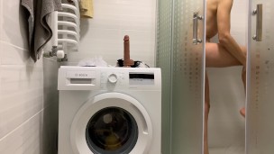  BEAUTY TRAINS HER SWEET PUSSY WITH A DILDO. Masturbating and cumming in the shower