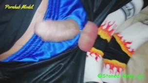 SK Punching my balls with my left fist in shiny Sk8erboy gear
