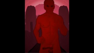 red alien running with huge cock slapping his leg