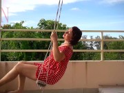 Cute housewife has fun without panties on the swing. Slut swings and shows her perfect pussy. 1/16