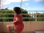 Cute housewife has fun without panties on the swing. Slut swings and shows her perfect pussy. 10/16