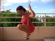 Cute housewife has fun without panties on the swing. Slut swings and shows her perfect pussy. 16/16