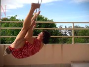 Cute housewife has fun without panties on the swing. Slut swings and shows her perfect pussy. 5/16