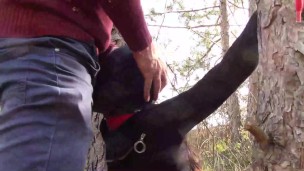 Tied to a tree on a sexy outfit, masked and outdoor deepthroat with no mercy