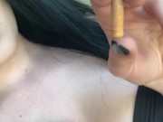 Casually smoking a cork cigarette with dark lipstick on 6/16
