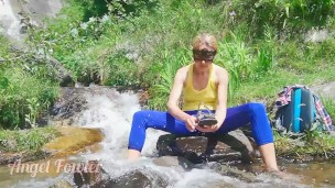 Skinny girl walks & gets naked to take shower in nature, almost caught - nude  Angel Fowler