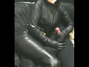 smoking wife in leather gloves and catsuit fucking handjob cumshot 15/16